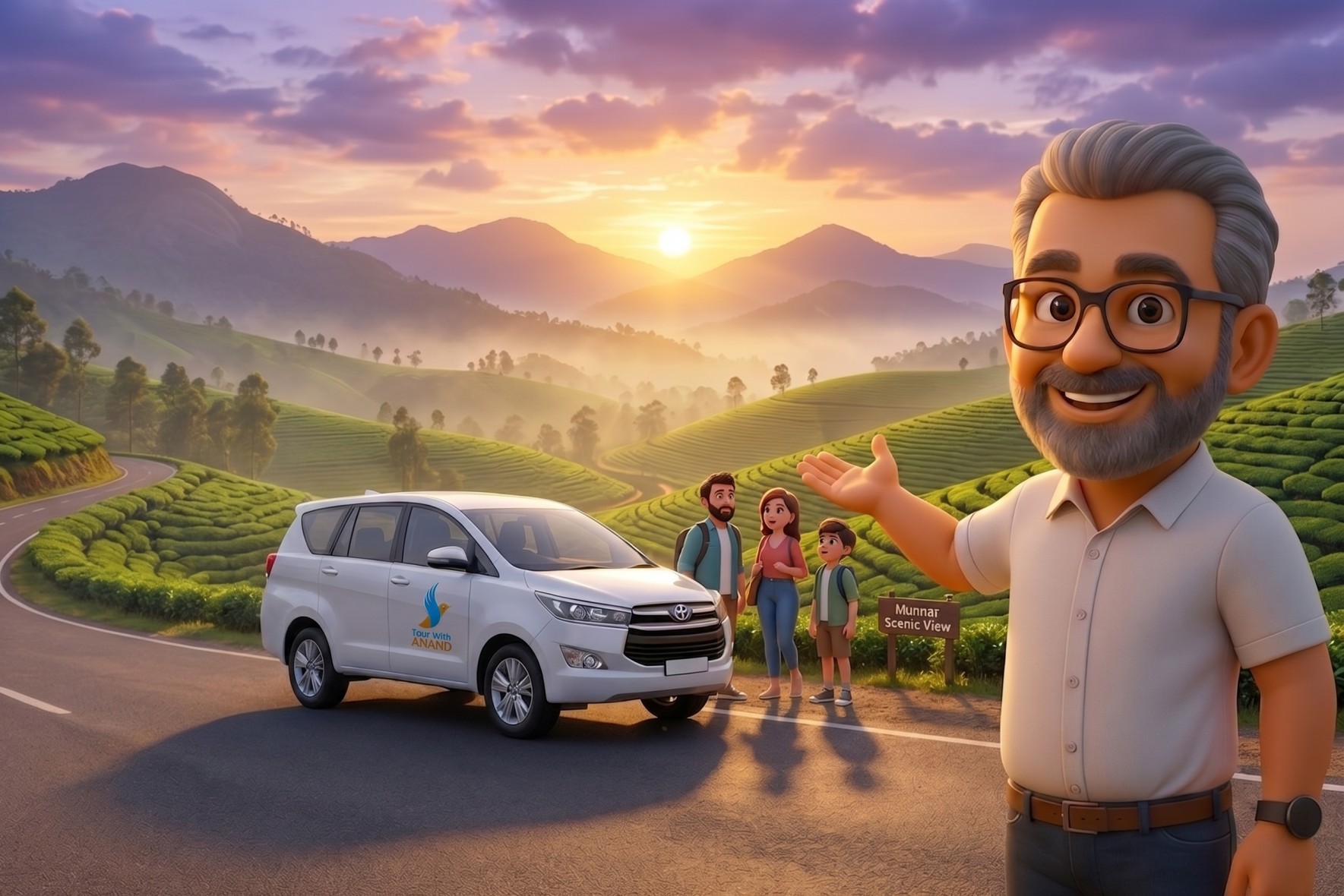 Tour With Anand guide showcasing Munnar scenery with a luxury Innova Crysta taxi